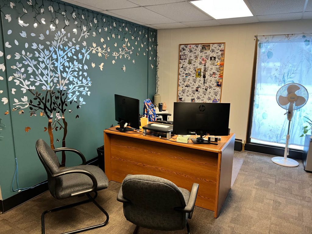 An office with wall art of a tree and a desk with two monitors and two chairs.