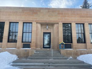 The exterior front of the ely office in the winter.